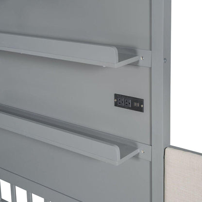Twin Size House Bed with Upholstered Sofa, House Bed with Charging Station, Wireless Charging, Shelves and Two Drawers, Gray
