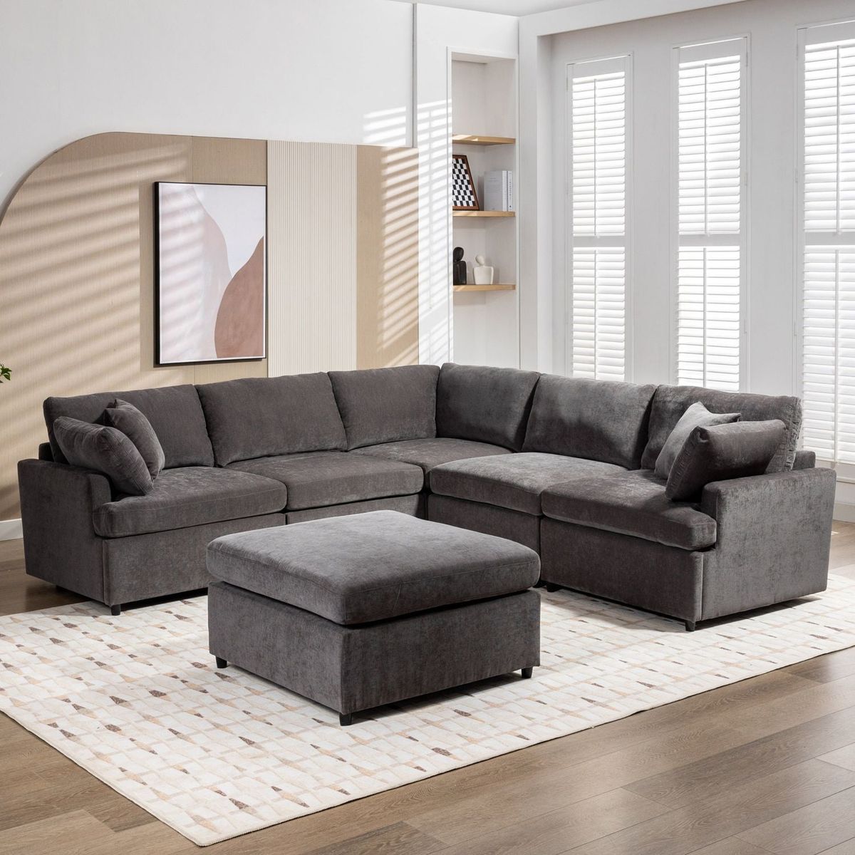 Modern Large U-Shape Sectional Sofa, with Removable Ottomans for Living Room (6-Seater)