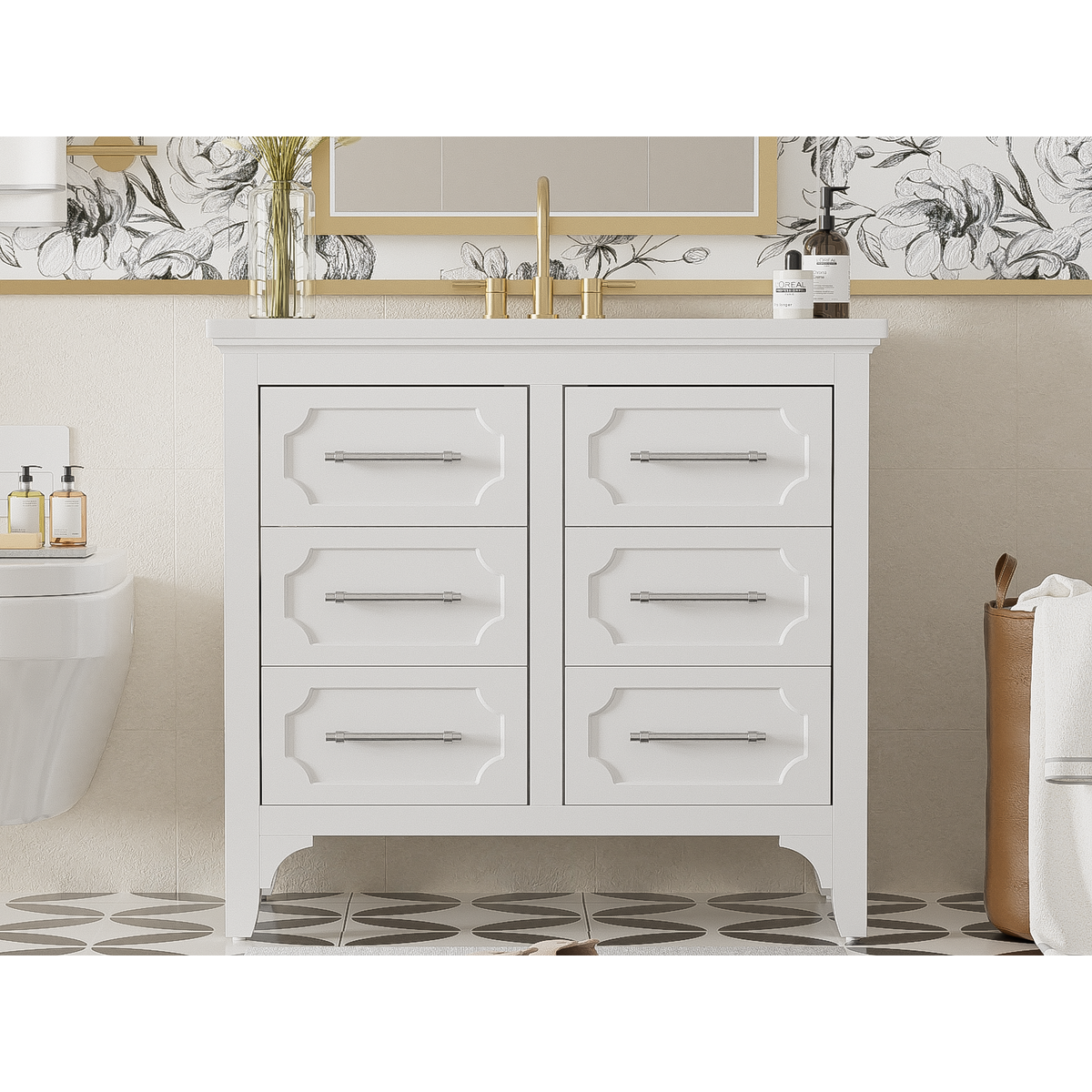 36" Bathroom Vanity with Resin Sink Combo, Free Standing Single Vanity Set with Four Drawers, Solid Wood Frame Bathroom Storage Cabinet