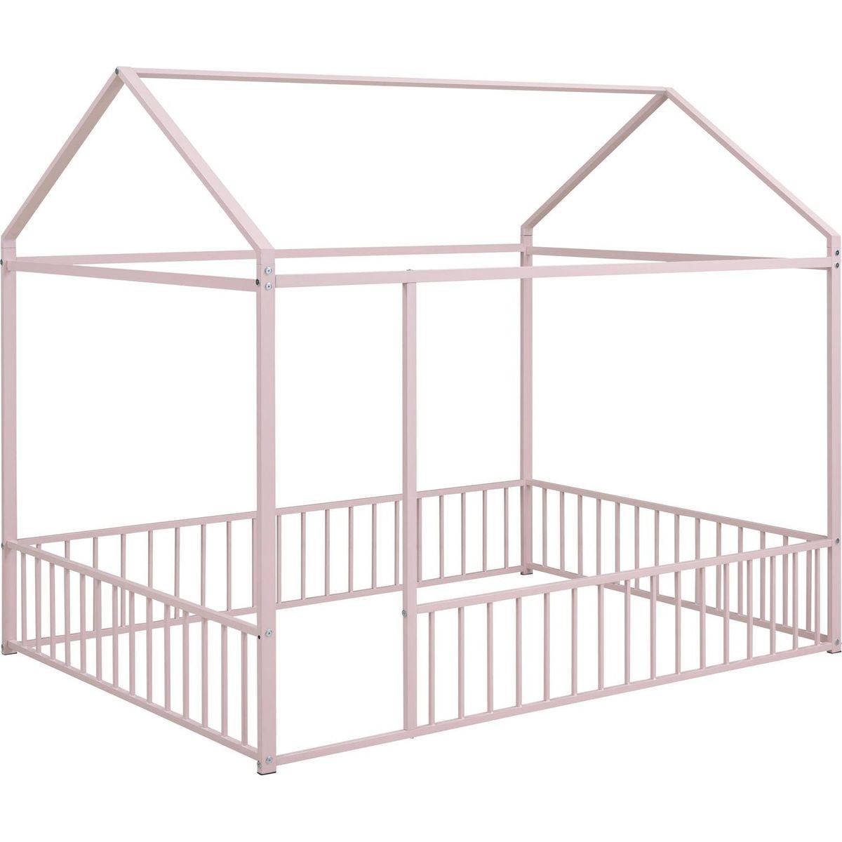 Full Size Metal Bed House Bed Frame with Fence, for Kids, Teens, Girls, Boys,Pink