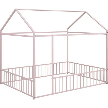 Full Size Metal Bed House Bed Frame with Fence, for Kids, Teens, Girls, Boys,Pink