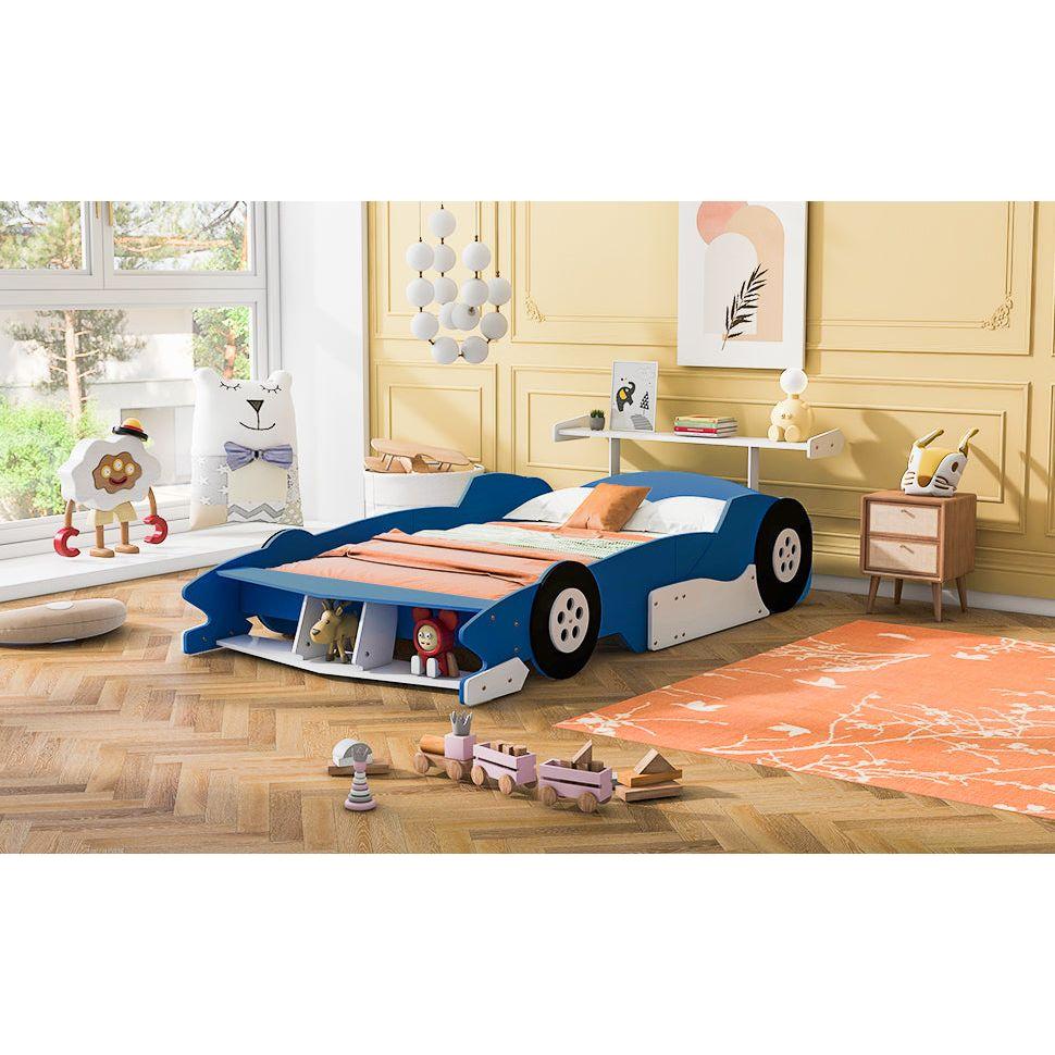 Full Size Race Car-Shaped Platform Bed with Wheels,Blue