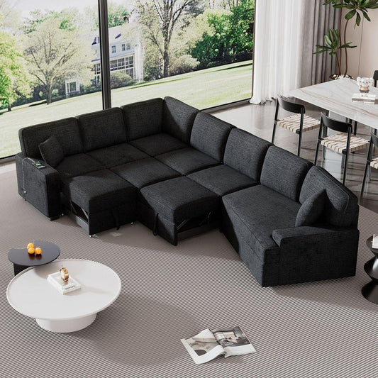 126" L-shaped Sofa Sectional Sofa Couch Pull-out Sofa Bed with Charging Devices and Cup Holders for Living Room, Blue Black