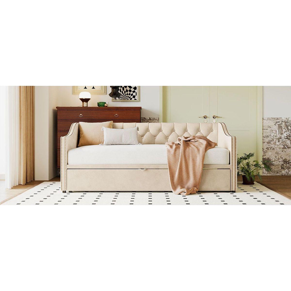 Twin Size Upholstered daybed with Pop Up Trundle, Beige