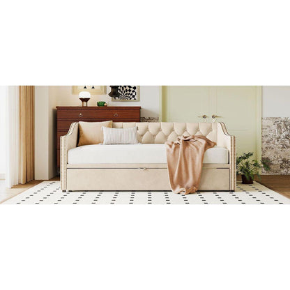 Twin Size Upholstered daybed with Pop Up Trundle, Beige