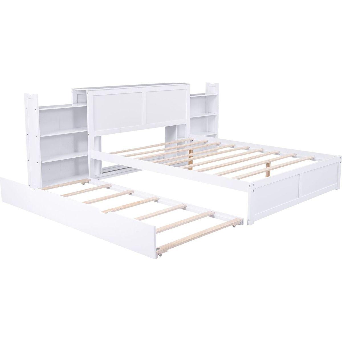 Queen Size Storage Platform Bed with Pull Out Shelves and Twin XL Size Trundle, White