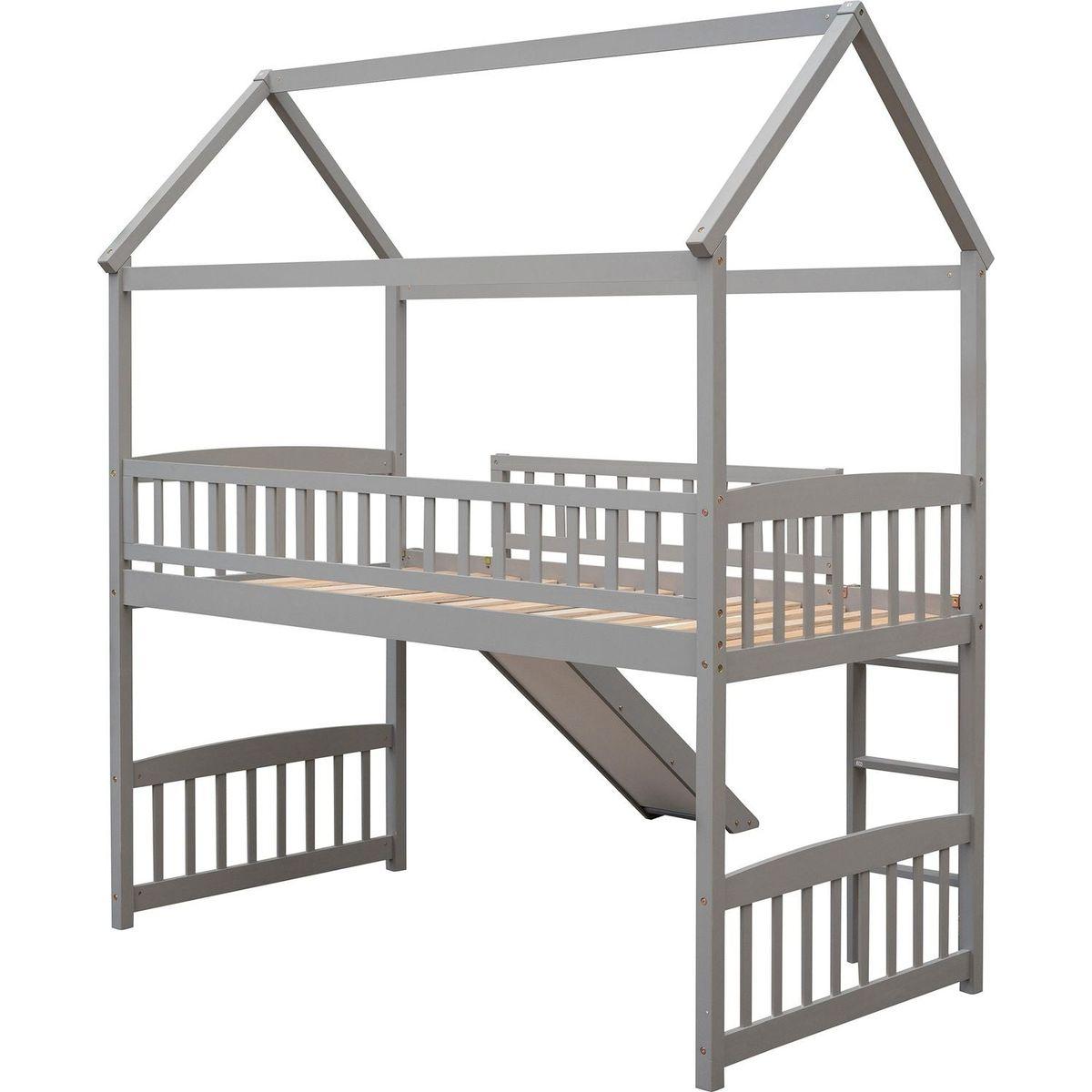 Twin Loft Bed with Slide, House Bed with Slide,White