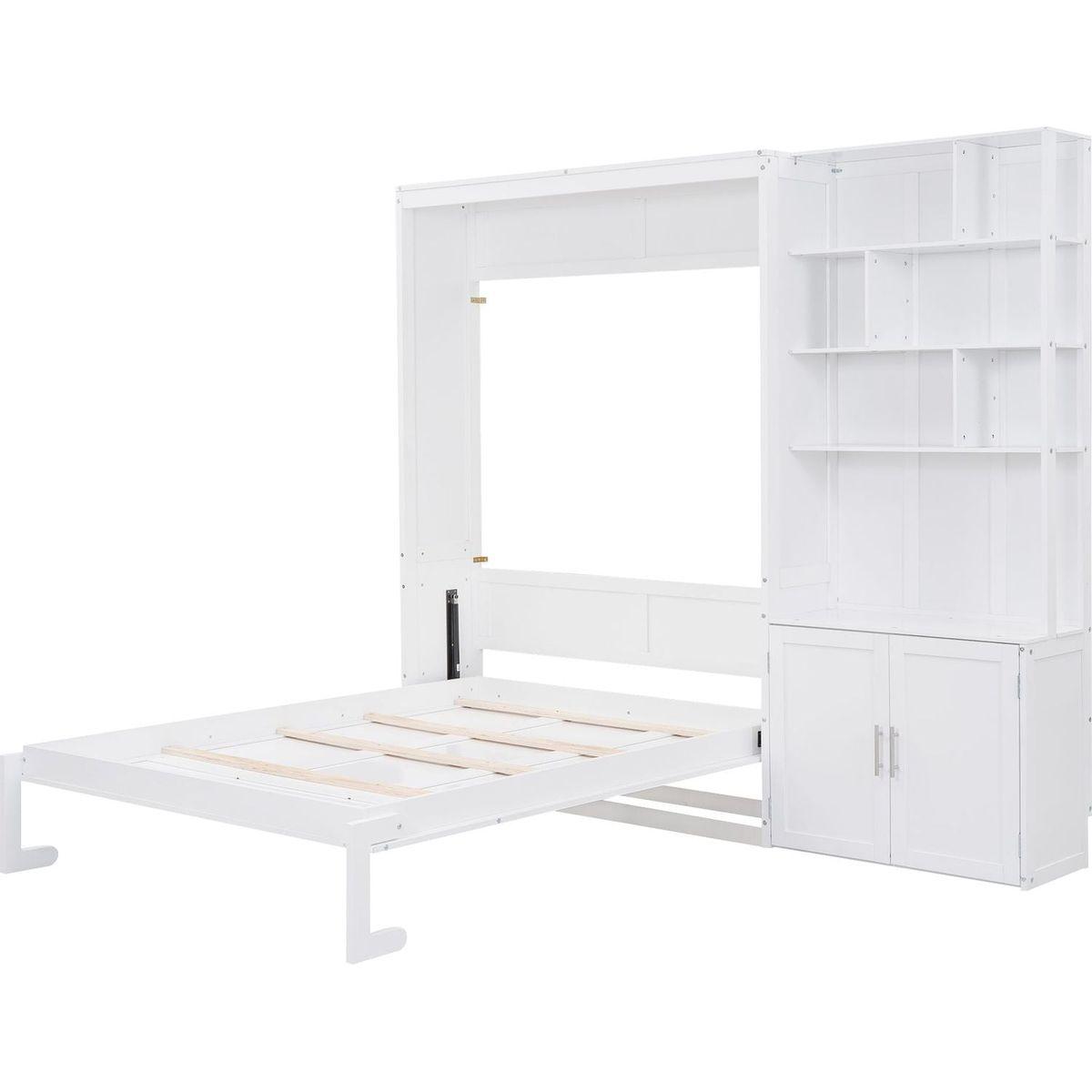Full Size Murphy Bed with Multiple Storage Shelves and A Cabinet, White