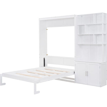 Full Size Murphy Bed with Multiple Storage Shelves and A Cabinet, White