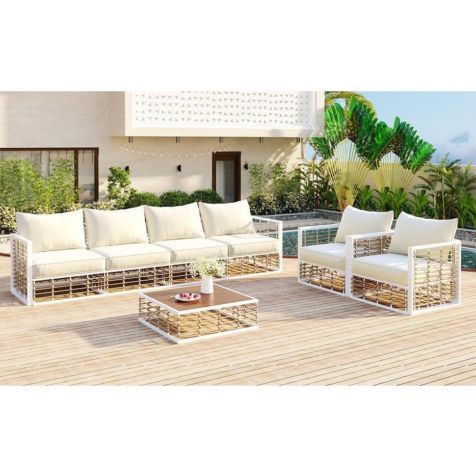 Modern Minimalist 7-Piece Metal Patio Sectional Sofa Set, All-Weather Garden Conversational Furniture Set with Thick Cushions and Coffee Table for Indoor Outdoor, White