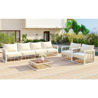 Modern Minimalist 7-Piece Metal Patio Sectional Sofa Set, All-Weather Garden Conversational Furniture Set with Thick Cushions and Coffee Table for Indoor Outdoor, White