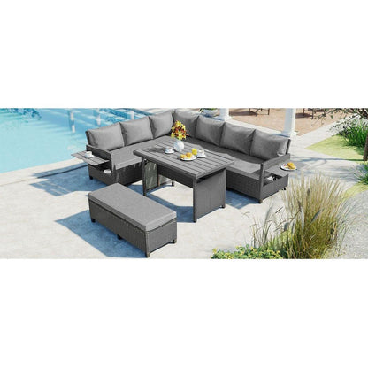5-Piece Outdoor Patio Rattan Sofa Set, Sectional PE Wicker L-Shaped Garden Furniture Set with 2 Extendable Side Tables, Dining Table and Washable Covers for Backyard, Poolside, Indoor, Gray