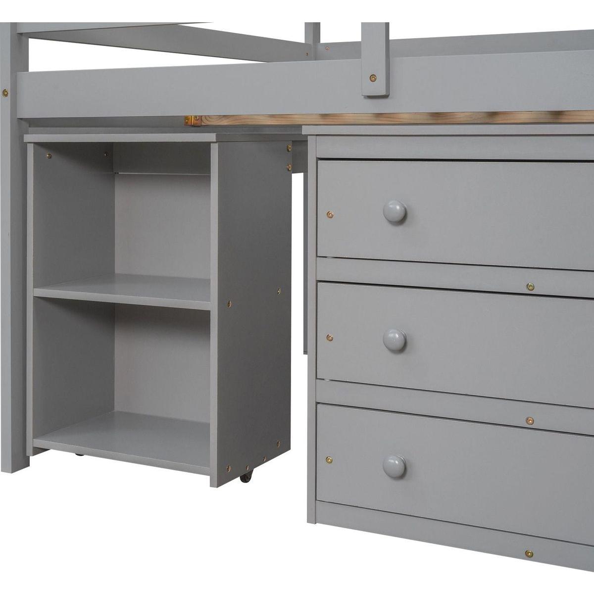 Low Study Full Loft Bed with Cabinet, Shelves and Rolling Portable Desk, Multiple Functions Bed- Gray