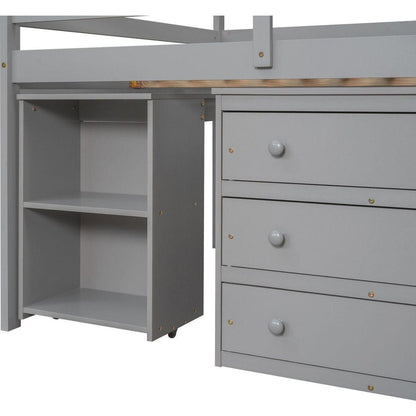 Low Study Full Loft Bed with Cabinet, Shelves and Rolling Portable Desk, Multiple Functions Bed- Gray