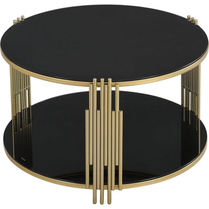 Modern Black Mirror Coffee Table, Asymmetrical Metal, Circular Metal Drum Base, Gold Finish & Lower Shelf