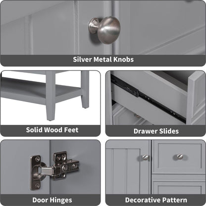 36" Bathroom Vanity with Sink Combo, One Cabinet and Three Drawers, Solid Wood and MDF Board, Grey