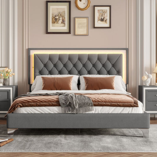 Queen Size Upholstered Bed Frame with LED Lights,Modern Velvet Platform Bed with Tufted Headboard,Gray