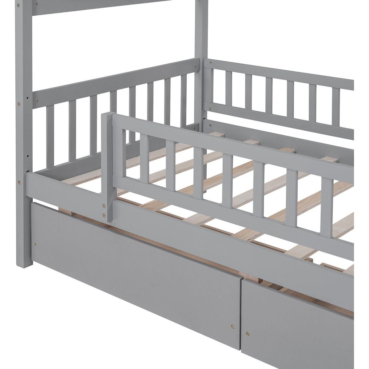 Twin Size Wooden House Bed with Two Drawers, Gray