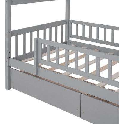 Twin Size Wooden House Bed with Two Drawers, Gray