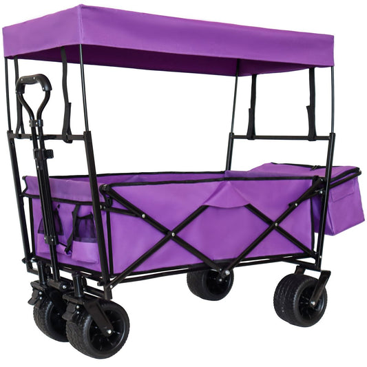 480Lbs Collapsible Wagon with Canopy,Wagon Stroller with 7' All-Terrain Wheels, Lightweight Foldable Wagon, Large Capacity for Camping, Shopping, Sports, and Garden Use, purple