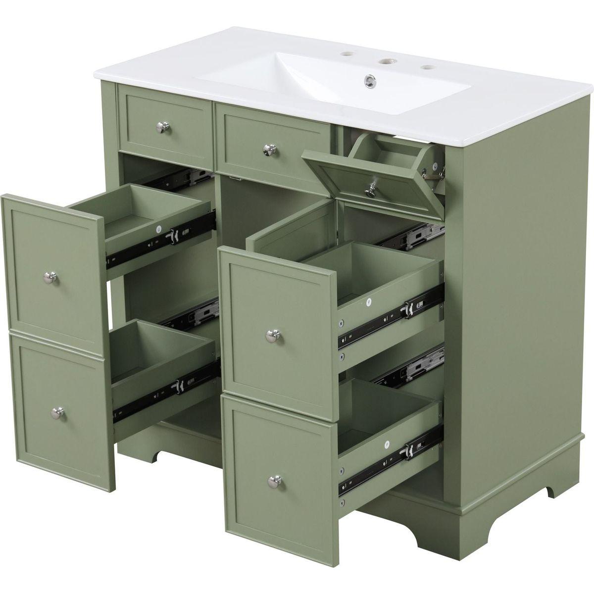 36" Bathroom Vanity with Sink, One Cabinet with Three drawers and One Flip Drawer, Solid Wood and MDF Board, Green