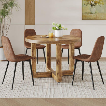 A modern and practical circular dining table. Made of MDF tabletop and wooden MDF table legs. A set of 4 brown cushioned chairs.