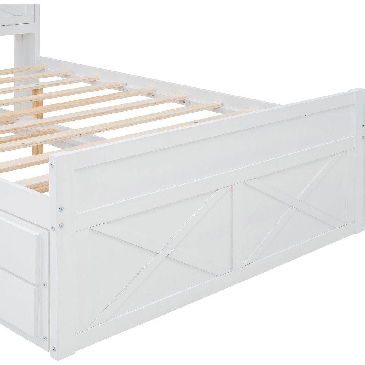 Full Size Wooden Bed with Storage Headboard with Outlets, Extendable Bed with Twin Size Trundle with Three Storage Drawers,White