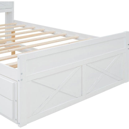 Full Size Wooden Bed with Storage Headboard with Outlets, Extendable Bed with Twin Size Trundle with Three Storage Drawers,White