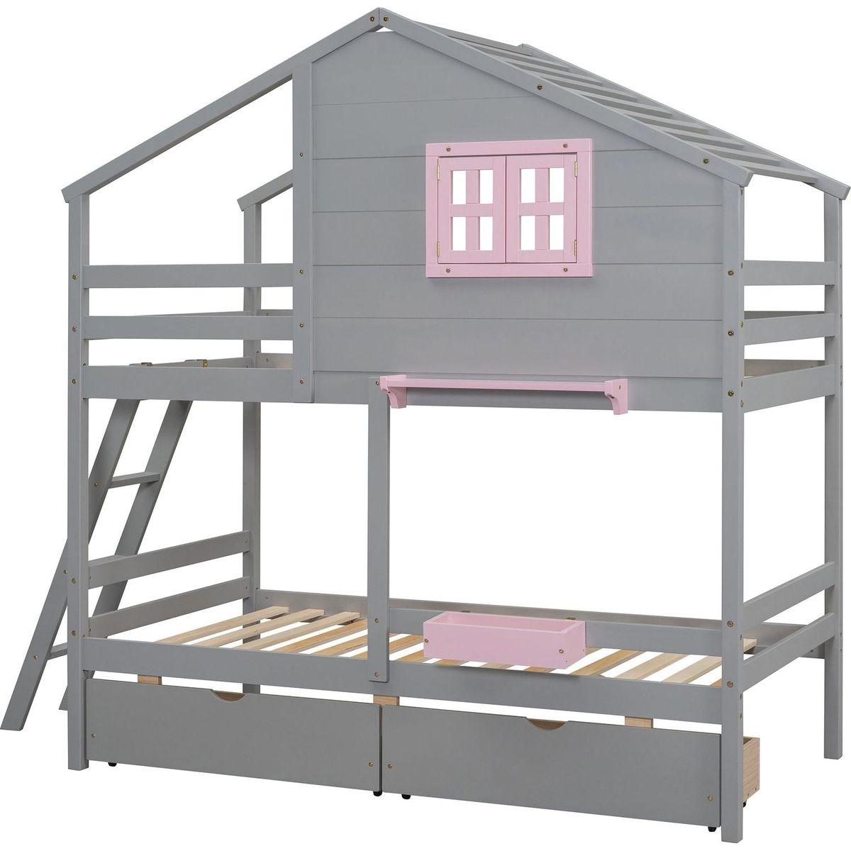 Twin over Twin Bunk Bed with 2 Drawers, 1 Storage Box, 1 Shelf, Window and Roof-Gray