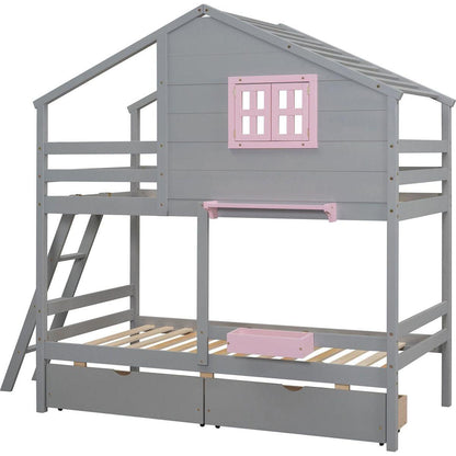 Twin over Twin Bunk Bed with 2 Drawers, 1 Storage Box, 1 Shelf, Window and Roof-Gray