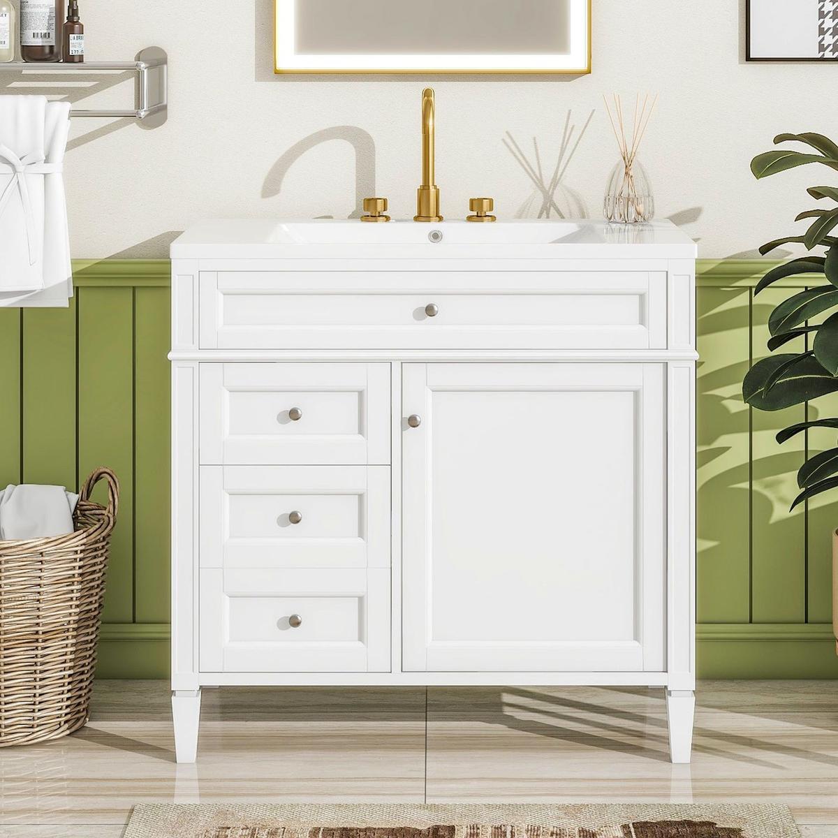 36" Bathroom Vanity with Top Sink, Modern Bathroom Storage Cabinet with 2 Drawers and a Tip-out Drawer, Single Sink Bathroom Vanity