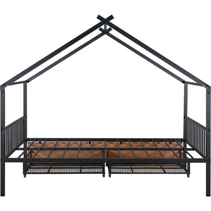 Full Size Metal House Bed with Two Drawers, Black