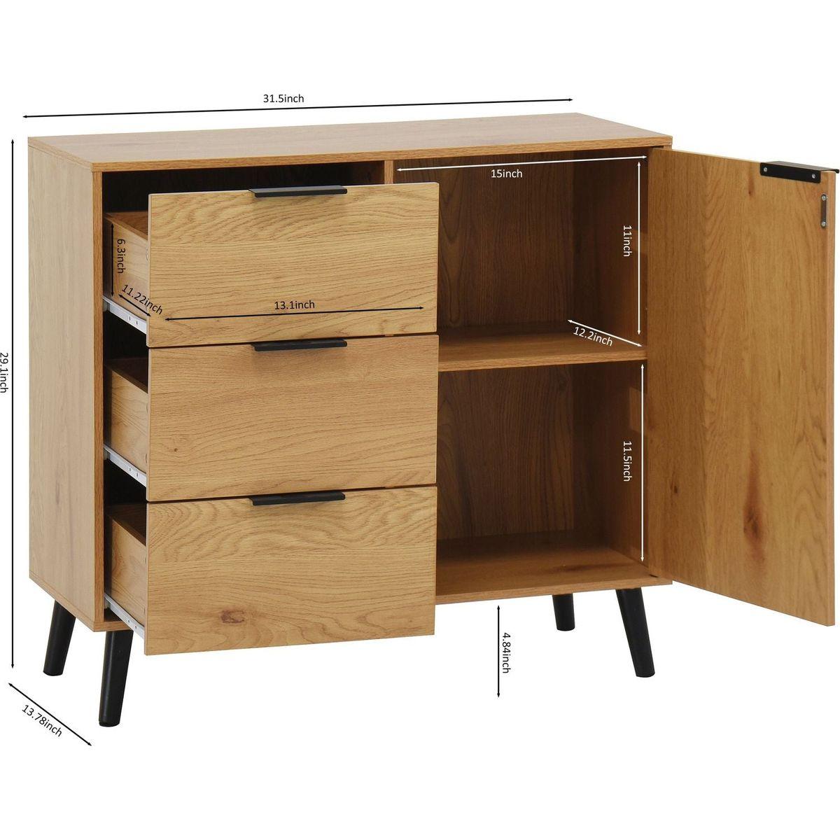 Storage Cabinet with 3 Drawers & Adjustable Shelf, Mid Century Cabinet with Door, Accent Cabinet for Living Room, Home Office, Entryway, Natural Wood Color