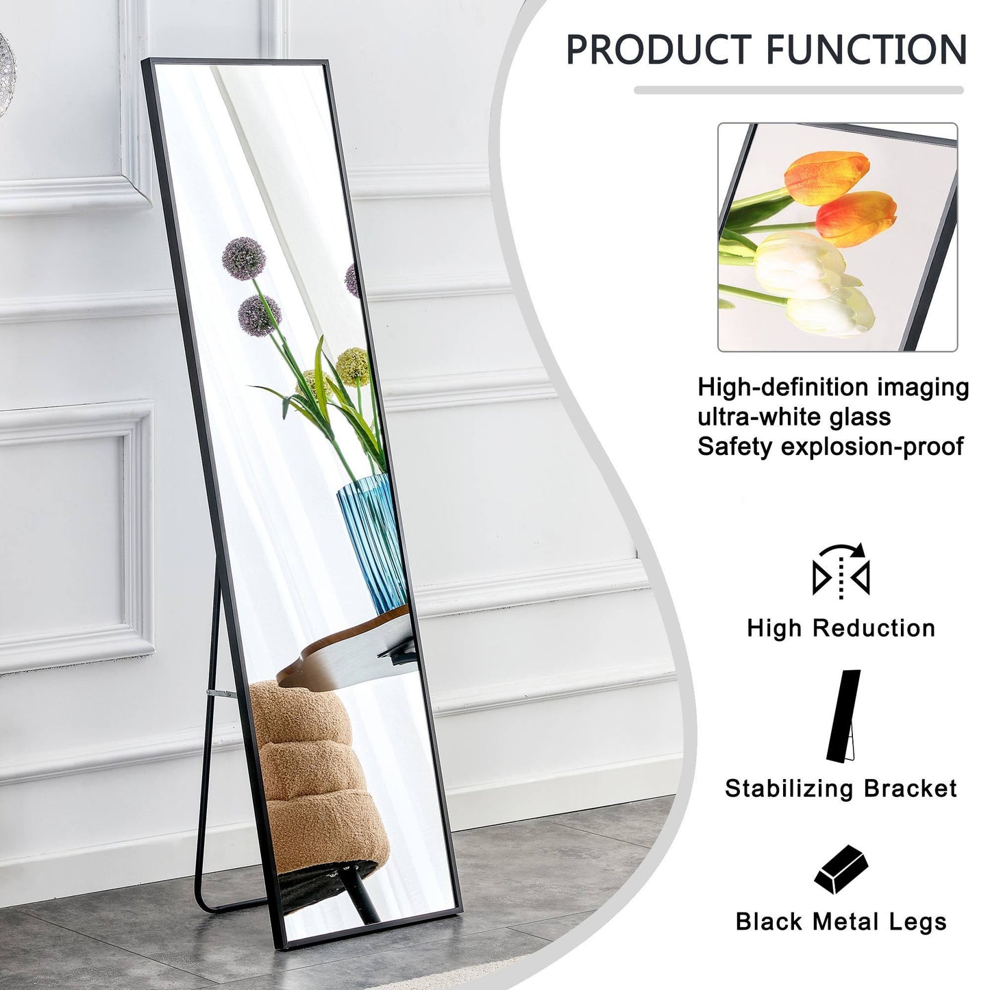 Aluminum alloy metal frame wall-mounted full-length mirror, Bathroom vanity mirror, bedroom porch, decorative mirror, clothing store, floor-to-ceiling mirror, black 65 x 23"