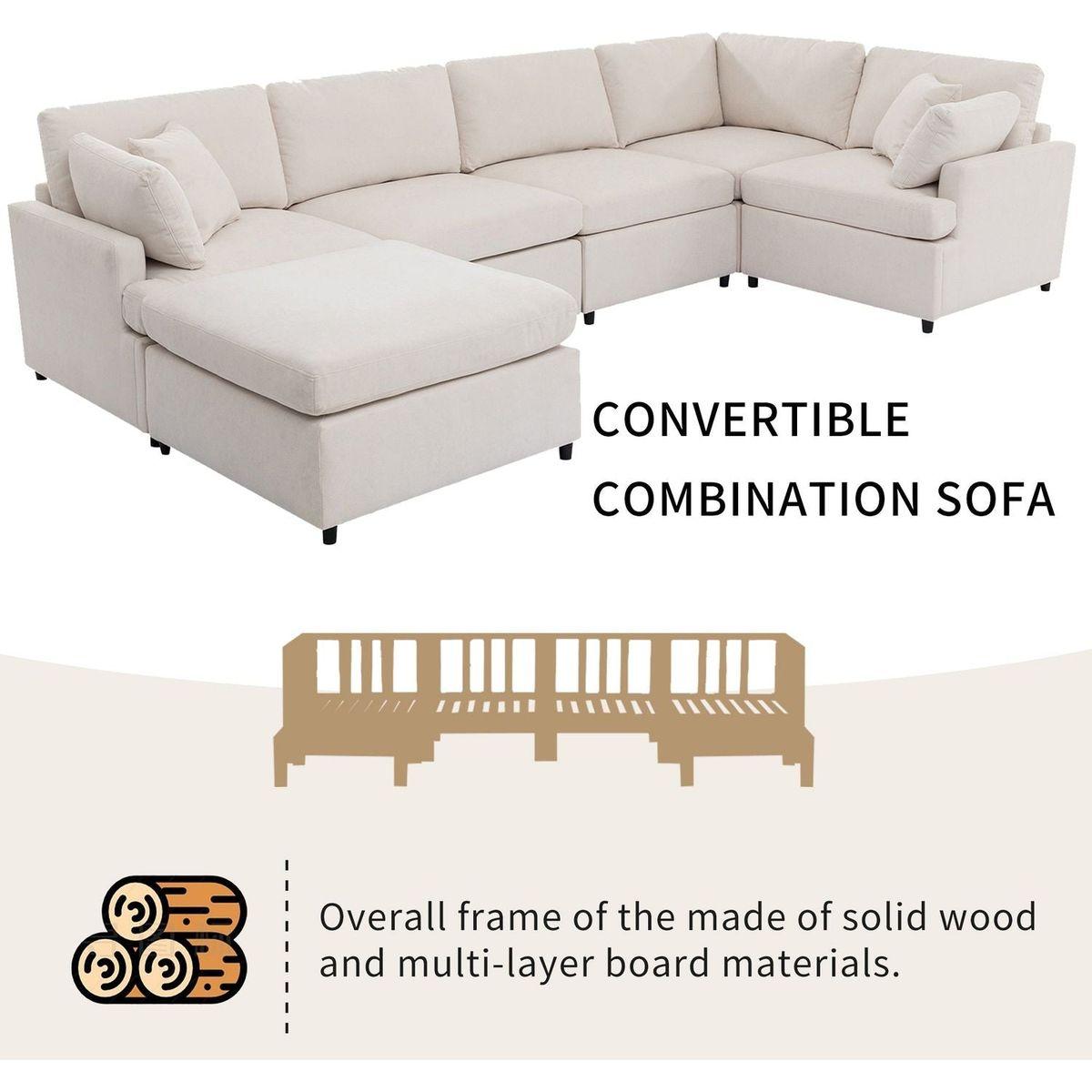 Modern Large U-Shape Sectional Sofa, with Removable Ottomans for Living Room (6-Seater)