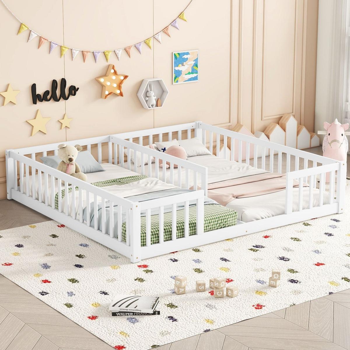 Double Twin Floor Bed with Fence, Guardrails, without door, White