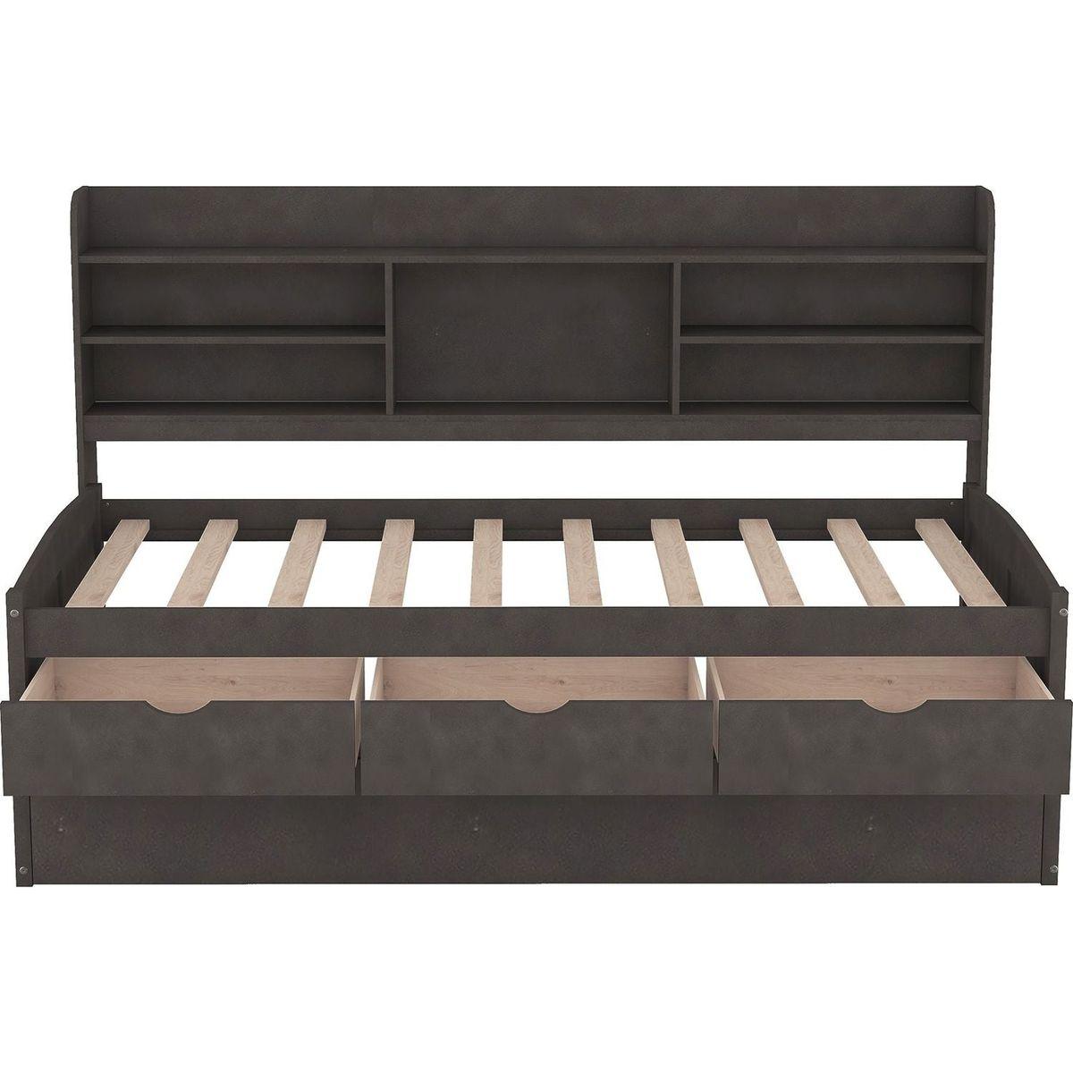 Twin Size Wooden Captain Bed with Built-in Bookshelves,Three Storage Drawers and Trundle,Antique Gray