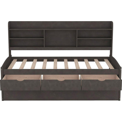 Twin Size Wooden Captain Bed with Built-in Bookshelves,Three Storage Drawers and Trundle,Antique Gray