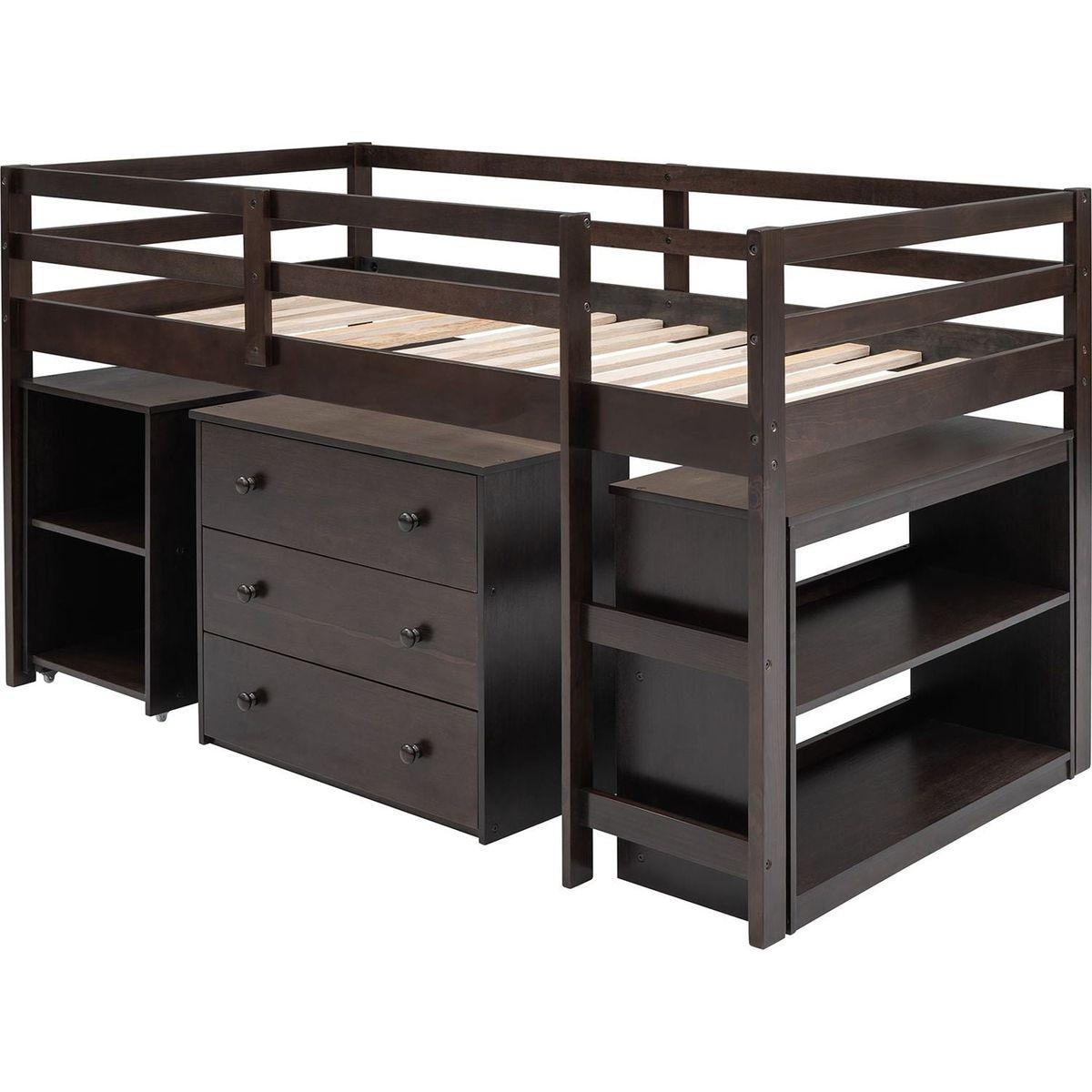 Low Study Twin Loft Bed with Cabinet and Rolling Portable Desk - Espresso