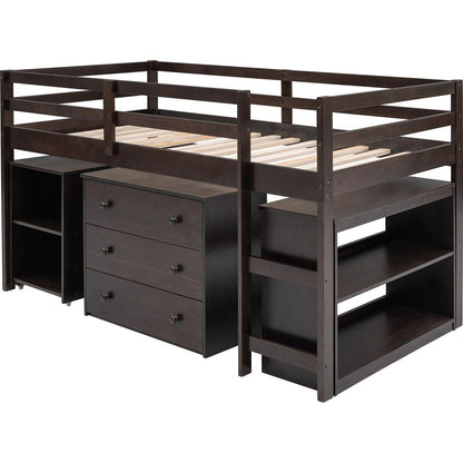 Low Study Twin Loft Bed with Cabinet and Rolling Portable Desk - Espresso