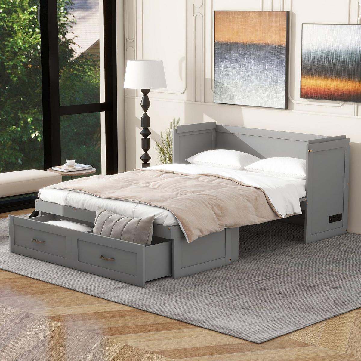 Full Size Murphy Bed with USB Ports, Large Drawers and Metal Handles,Gray