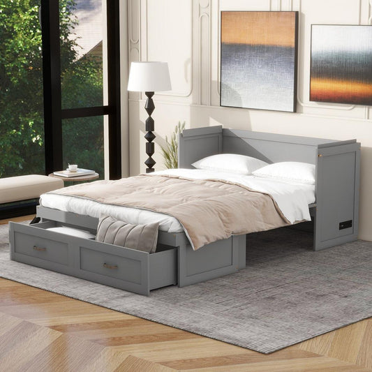Full Size Murphy Bed with USB Ports, Large Drawers and Metal Handles,Gray