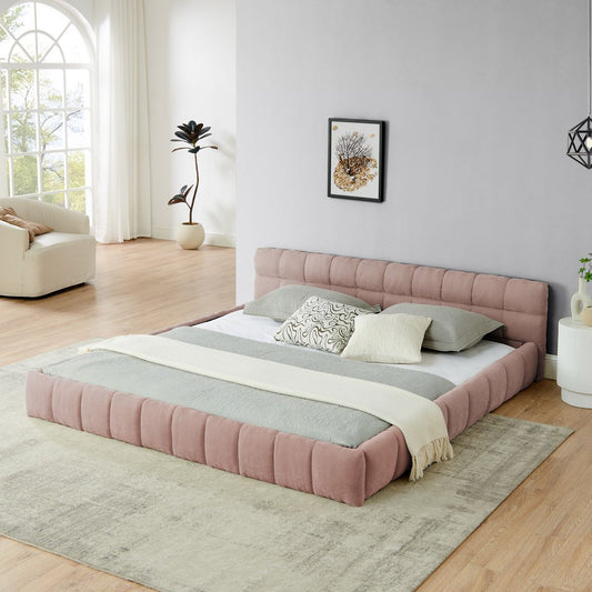 King size  Upholstered Bed Frame with Thick Fabric, Chenille Fabric Grounded Queen Size Platform Bed with Headboard and Solid Frame. No Box Spring Needed-Pink(88.5''*85.5''*24'')