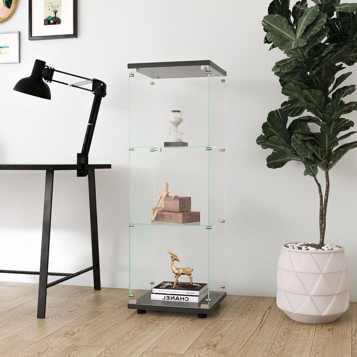 Glass Display Cabinet with 3 Shelves, One-Door Curio Cabinets for Living Room, Bedroom, Office, Black Floor Standing Glass Bookshelf, Quick Installation