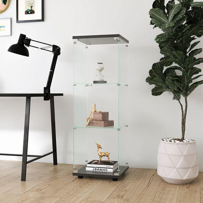 Glass Display Cabinet with 3 Shelves, One-Door Curio Cabinets for Living Room, Bedroom, Office, Black Floor Standing Glass Bookshelf, Quick Installation
