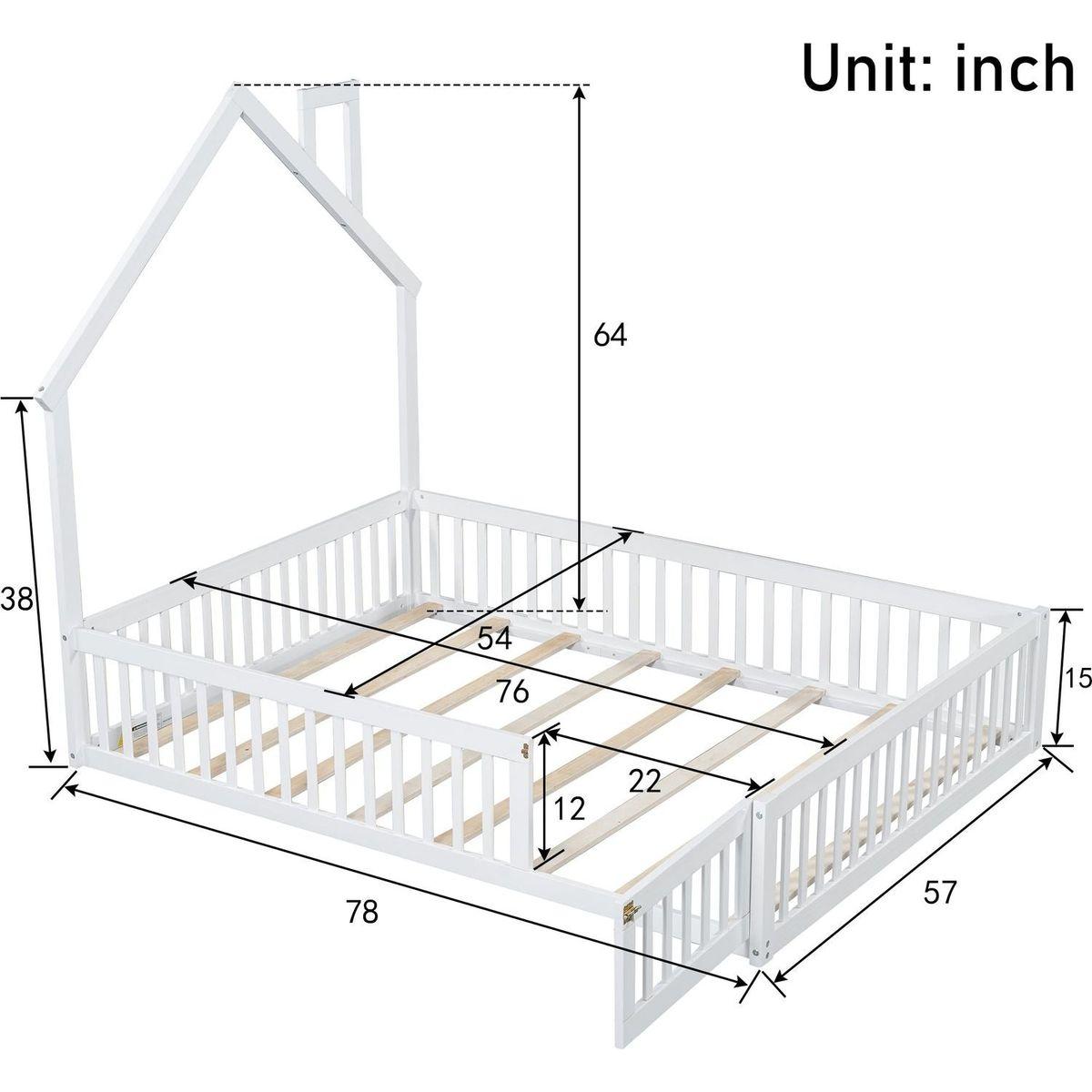 Wood Full Size House Platform Bed with Guardrail, White