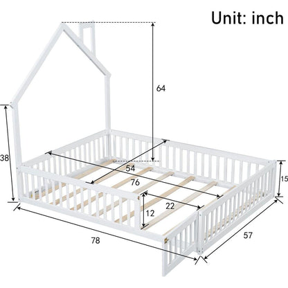 Wood Full Size House Platform Bed with Guardrail, White
