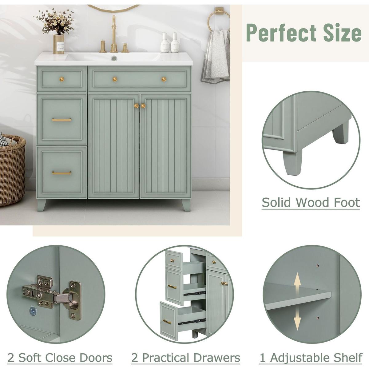 36-inch Bathroom Vanity, Transitional Style Bathroom Cabinet with Resin Sink, Green Single Bathroom Cabinet, with 2 Drawers and 1 Adjustable Storage Shelf, 2 Soft-close Doors