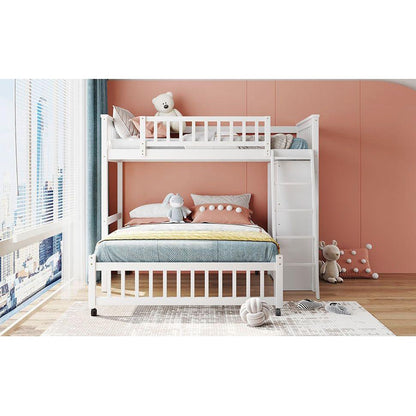 Wooden Twin Over Full Bunk Bed With Six Drawers And Flexible Shelves,Bottom Bed With Wheels,White