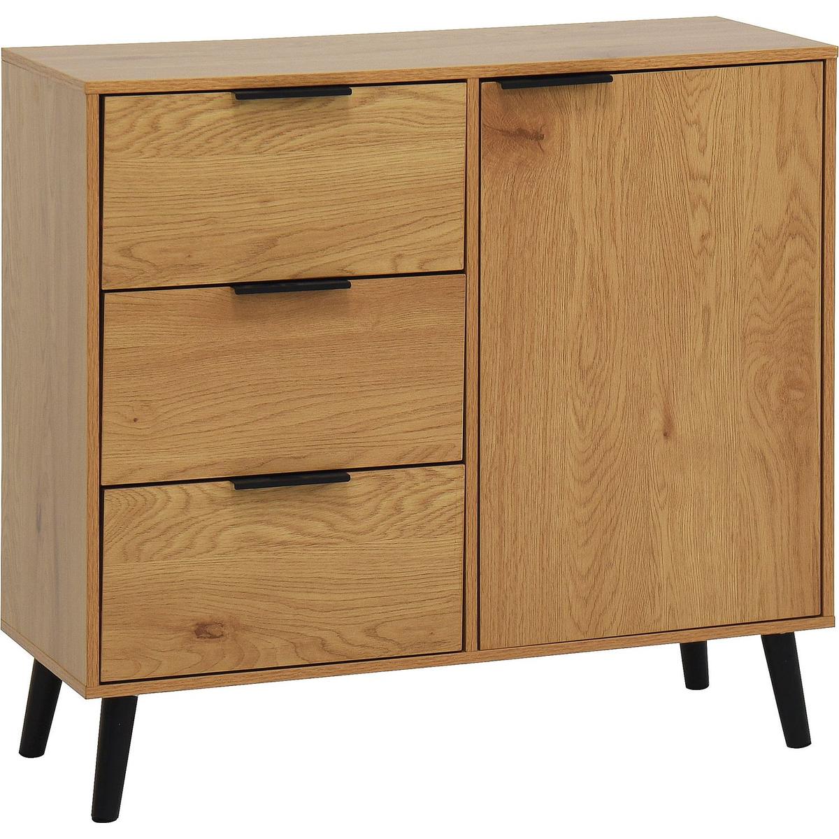 Storage Cabinet with 3 Drawers & Adjustable Shelf, Mid Century Cabinet with Door, Accent Cabinet for Living Room, Home Office, Entryway, Natural Wood Color